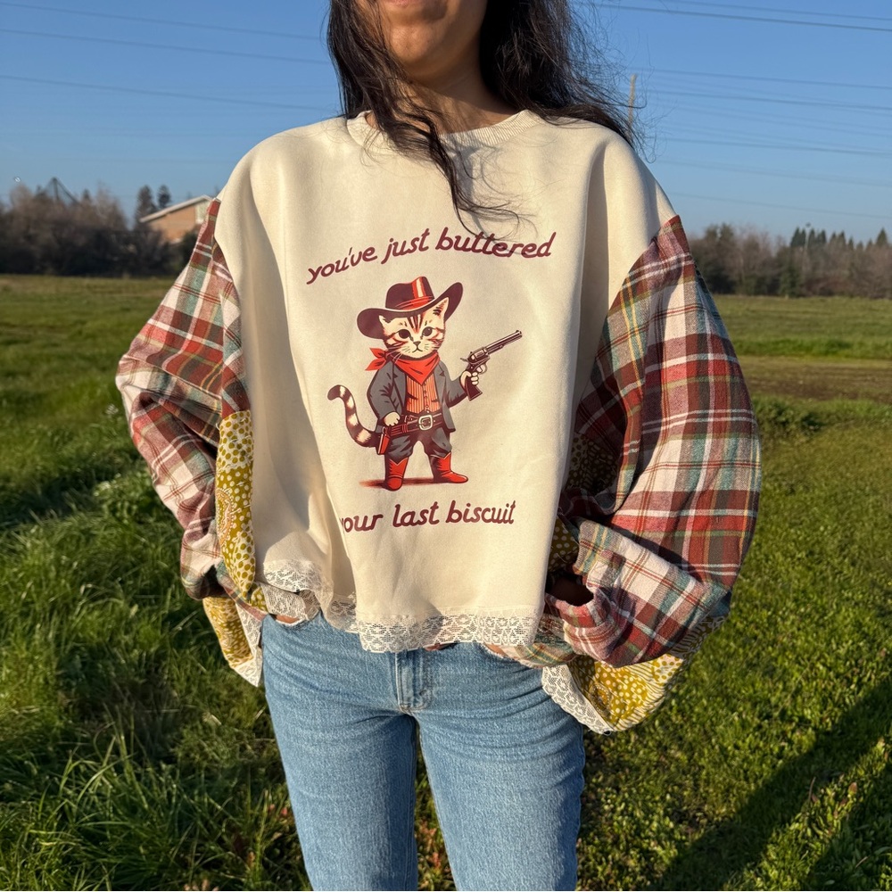 Upcycled Crewneck Cat Sweatshirt